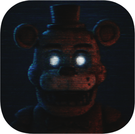 Modern App Store icon, high definition, square with rounded corners, for a game titled "FNAF: GECE VARDİYASI" and with the description "FNAF: GECE VARDİYASI, VHS karıncalanma efektli menüsü ve glitch animatroniğiyle klasik FNAF atmosferini sunan bir fan oyunudur. Menüde yeni oyun ve devam et seçenekleri, oyun içinde ise gece ve saat bilgisiyle test amaçlı gece bitirme butonu bulunur.". No text on icon!