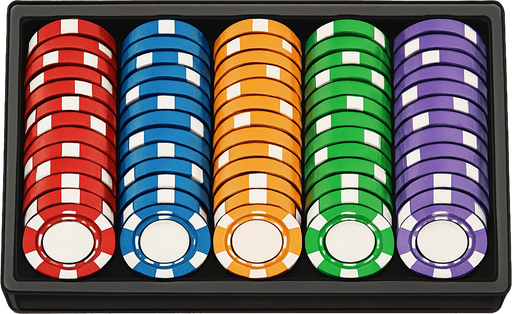 A long rack of different colored poker chips seen from above. Anime style..
In-Game asset.  2d.  High contrast.  No shadows