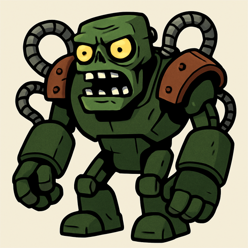 Cuerpo Robusto y Verde: El Zombot es una mole robótica de gran tamaño, con un cuerpo predominantemente de color verde oscuro, que le da un aspecto industrial y amenazante. Sus "hombros" y parte del torso están cubiertos por una armadura de color óxido o marrón rojizo, con remaches visibles.

Cabeza de Zombi Grande: La cabeza del robot es grande y cuadrada, también de color verde, con mandíbulas inferiores prominentes que se abren para revelar dientes afilados. Tiene dos grandes ojos amarillos brillantes que emiten una luz siniestra, lo que lo hace parecer una versión robótica y gigantesca de un zombi común.

Múltiples Mangueras y Cables: Varias mangueras o tuberías metálicas segmentadas sobresalen de sus hombros y otras partes del cuerpo, conectándose a sus brazos y cabeza, lo que sugiere un complejo sistema mecánico y de fluido.

Brazos y Piernas Robóticas Grandes: Sus brazos son enormes y fornidos, con grandes manos que terminan en "dedos" gruesos y redondeados, capaces de infligir u.
In-Game asset.  2d.  High contrast.  No shadows