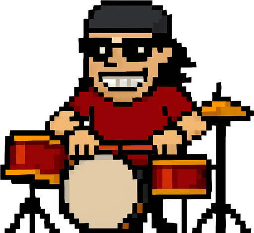 make the next frame when he is hitting the drums while grin smile with one's teeth showing, his hands are down and drumstick are on the drums