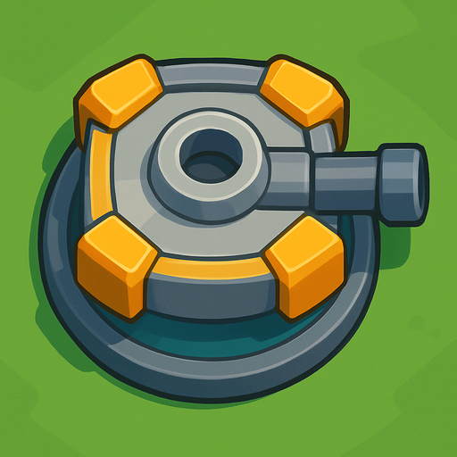 Crea la Torre Default en un estilo 2D renderizado, limpio y cartoonish, con contornos claros y definidos, colores vibrantes con transiciones suaves, y sombreado que da volumen a sus superficies superiores.
La perspectiva debe ser VISTA CENITAL (totalmente desde arriba). Esto significa que la torre se verá como si estuviera siendo observada directamente desde arriba, con los detalles de su parte superior siendo prominentes.
La base de la torre debe ser circular para permitir un movimiento de cañón cómodo. El cañón o la ranura de disparo debe estar orientado hacia la DERECHA en su diseño base (desde la vista cenital).
La torre debe tener un perfil bajo y la menor cantidad de relieve vertical posible para facilitar una rotación fluida en la animación..
In-Game asset.  2d.  High contrast.  No shadows