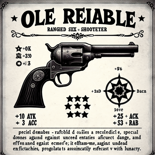 Card Title: Dr. Mann’s Six-Shooter

Subtitle: Ole Reliable

Type: Weapon, Ranged

Description: A revolver used by infamous Foundation doctor Everett Mann. Bonus to accuracy. Bonus to damage vs. undead. Bonus to lunacy.

Stats: +10 ATK / +3 ACC.
Single Game Texture.  In-Game asset.  2d.  Blank background.  High contrast.  No shadows