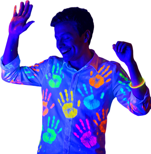 Dancing man in a white shirt filled with multi-colored UV ink palm prints. UV luminous bracelet on the arm