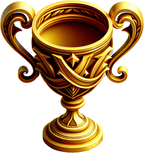 Golden trophy.
Single Game Texture. In-Game asset. 2d. Blank background. High contrast. No shadows.
