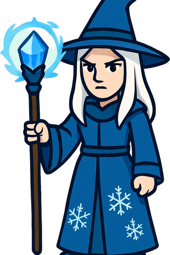 A female mage with pale skin, long white hair, wearing a long blue robe and a pointed blue hat, holding a glowing icy staff with a blue crystal, snowflake patterns on robe, cold expression, simple background, front-facing, no background, 2D game character.
In-Game asset.  2d.  High contrast.  No shadows