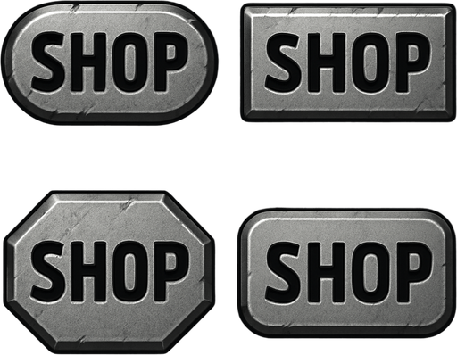 Different shop buttons of metal, metal rectangles
In-Game asset.  2d.  High contrast.  No shadows