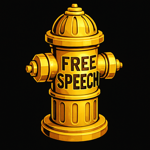 A stylized golden fire hydrant labeled "Free Speech" OR a glowing server rack labeled "Meme Archive"..
In-Game asset.  2d.  High contrast.  No shadows
