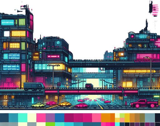 Cyberpunk landscape.
Single Game Texture.  In-Game asset.  2d.  Blank background.  High contrast.  No shadows
