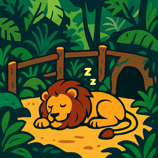 sleeping lion in a lion enclosure, jungle styled.
In-Game asset.  2d.  High contrast.  No shadows