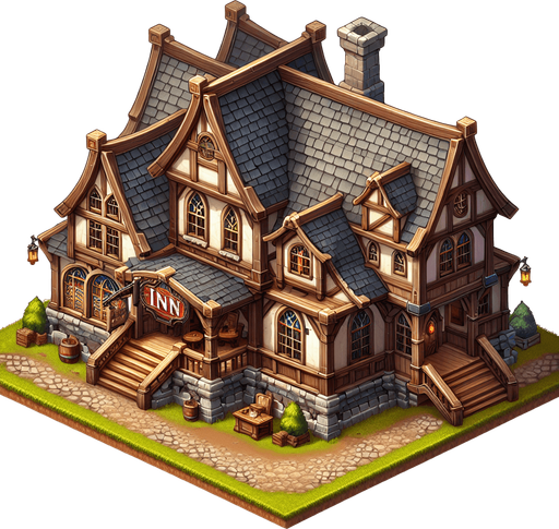 An Inn in a RTS fantasy style Single Game Texture. In-Game asset. 2d. Blank background. High contrast. No shadows.