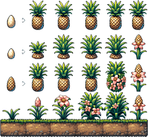 A spritesheet showing a pineapple plant in various stages of germantion, from seed over sapling, to bloom and to full grown plant, and then the ripe fruit. The sprites should be laid out in a rectangular grid with blank space between them.. Single Game Texture. In-Game asset. 2d. Blank background. High contrast. No shadows..
Single Game Texture. In-Game asset. 2d. Blank background. High contrast. No shadows.