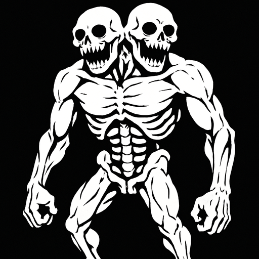 montruo blanco de ojos negros de dos cabezas musculoso esqueletico.
In-Game asset.  2d.  High contrast.  No shadows