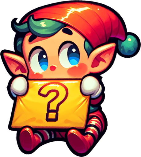 a cartoon envelope with an toy elf on it holding a questionmark.
Single Game Texture. In-Game asset. 2d. Blank background. High contrast. No shadows.
