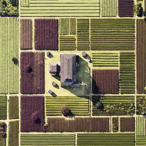 The same image, but in a lush green setting, where grass is growing in all the fields.