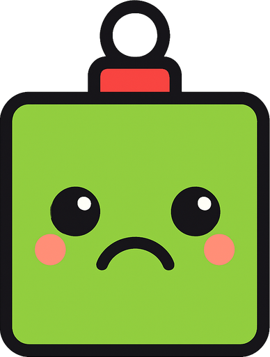 a sad perfectly square bright green Christmas decoration with cute happyy face. Cartoon style. Cute art style. Simple vector style. No Shadows.
In-Game asset.  2d.  High contrast.  No shadows