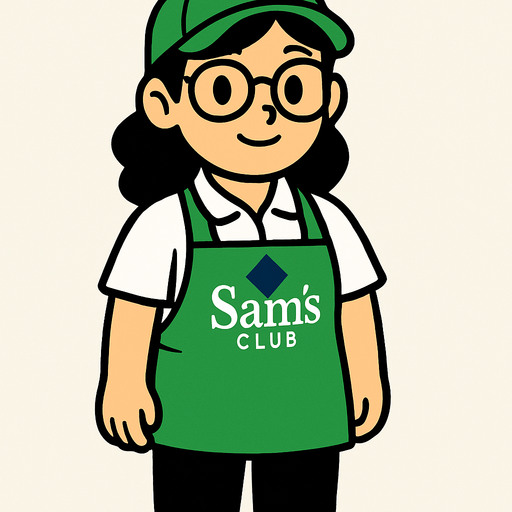 Es una trabajadora de sams club, tierna bonita de lentes con gorra verde y mandil verde, playera polo blanca y pantalon negro.
In-Game asset.  High contrast.  No shadows