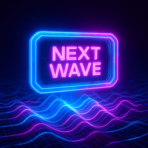 neon cyberpunk glowing NEXT WAVE button blue pink futuristic videogame hologram wave projection simulation