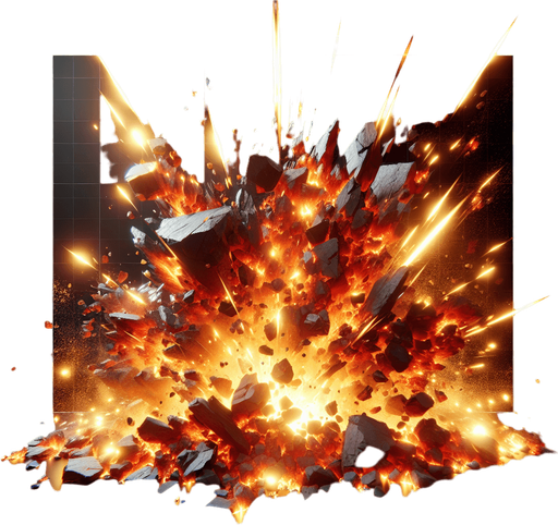 Rocks explosion, lights, sharp pieces, blur, HD images, fire..
Single Game Texture. In-Game asset. 2d. Blank background. High contrast. No shadows.