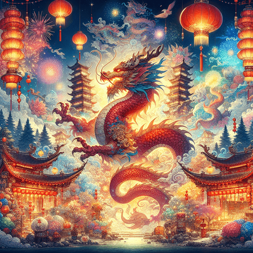 Chinese new years, magical landscape, year of the dragon.
Single Game Texture. In-Game asset. 2d. Blank background. High contrast. No shadows.