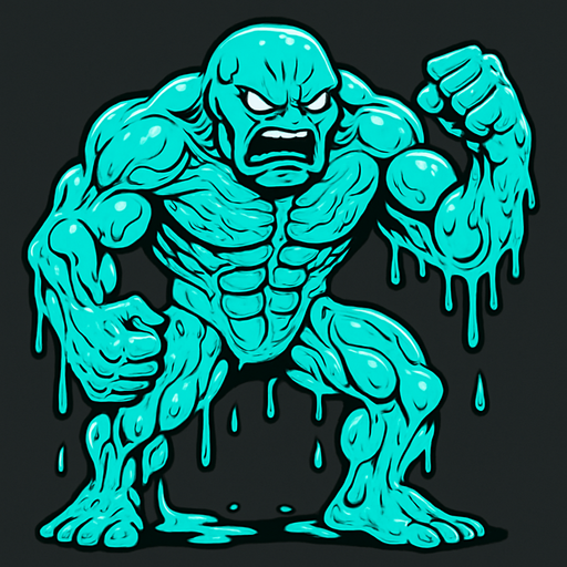 İnsan boyunda elleri kolları ayakları olan sinirli kaslı damarlı egzotik cyan renginde slime yap.
In-Game asset.  2d.  High contrast.  No shadows