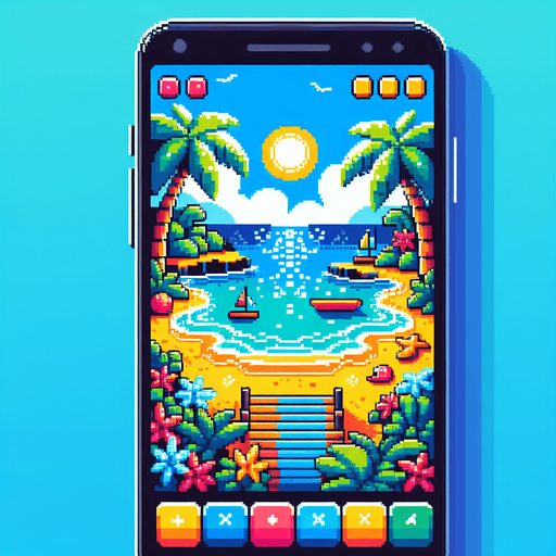 pixelart cartoon beach background for a mobile screen..
Single Game Texture. In-Game asset. 2d. Blank background. High contrast. No shadows.