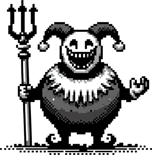 Creepy Jester clown with a fat circular belly, grinning and carying a trident.
Single Game Texture. In-Game asset. 2d. Blank background. High contrast. No shadows. 8 bit