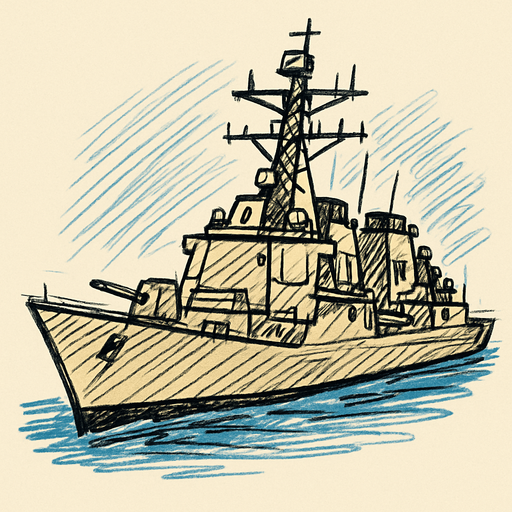 skecth tarzında destroyer savas gemisi.
In-Game asset.  2d.  High contrast.  No shadows
