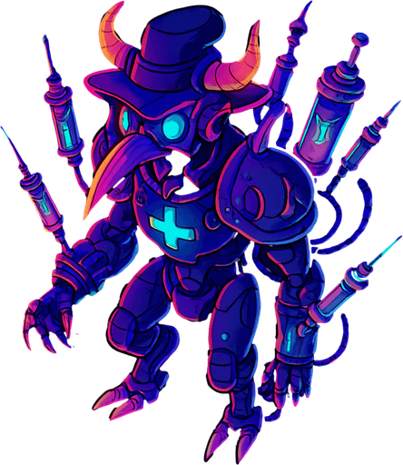 Neon cyberpunk anime top down isometric animatronic plague doctor cyborg demon medic CDC corporate robot monster disease pestilence medicine syringes