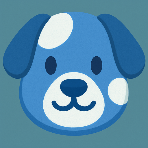 Mantén este mismo estilo, pero has que el perro sea de color azul con manchas blancas.