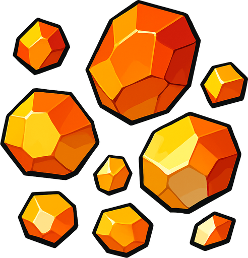 Chunky, crystalline fragments

```
- Shape: Angular, geometric crystal-like chunks
- Colors: Orange-red (#FF4400), yellow (#FFAA00), white
- Surface: Slightly reflective, faceted appearance
- Size variations: 3 different sizes (small, medium, large).
In-Game asset.  2d.  High contrast.  No shadows
