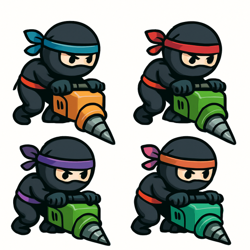 Different frames of a ninja digger, different colors, HD colors.
In-Game asset.  2d.  High contrast.  No shadows