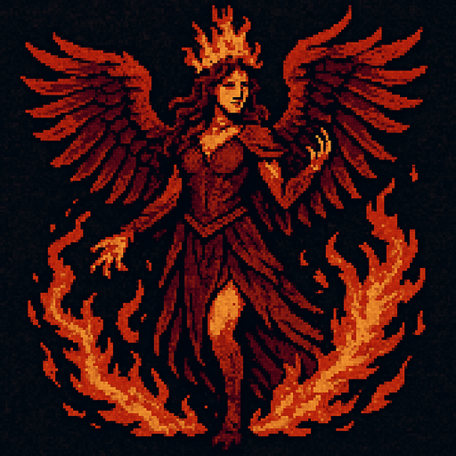 Phoenix woman Dark souls style 2d pixel art.
In-Game asset.  2d.  High contrast.  No shadows