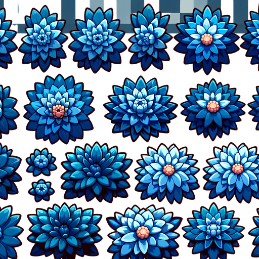 A sprite sheet of different blue dahlia seen from above. Cartoon. All similar size. Just the blossom. Bold colors and shading. 
Single Game Texture. In-Game asset. 2d. Blank background. High contrast. No shadows.