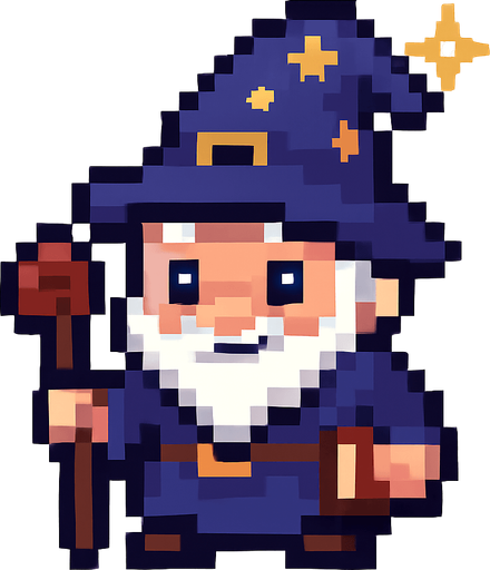 El mago debe ser un personaje pequeño y encantador, con una túnica azul oscuro o morada, un sombrero puntiagudo con estrellas o una hebilla dorada, barba blanca corta y ojos brillantes que transmitan sabiduría y simpatía; su cuerpo debe ser compacto y redondeado, estilo caricatura o pixel art, con detalles sencillos pero reconocibles como un bastón en la mano o un libro colgando; puede tener una animación sutil como parpadeo, movimiento de barba o chispa mágica en la punta del sombrero, y el fondo debe ser transparente para integrarse bien en un entorno colorido y fantástico.
In-Game asset.  2d.  High contrast.  No shadows
