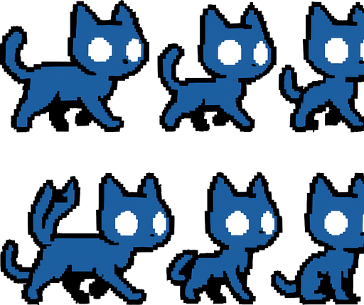 Haz los sprites de un gato azul sin pupilas caminando.
In-Game asset.  2d.  High contrast.  No shadows