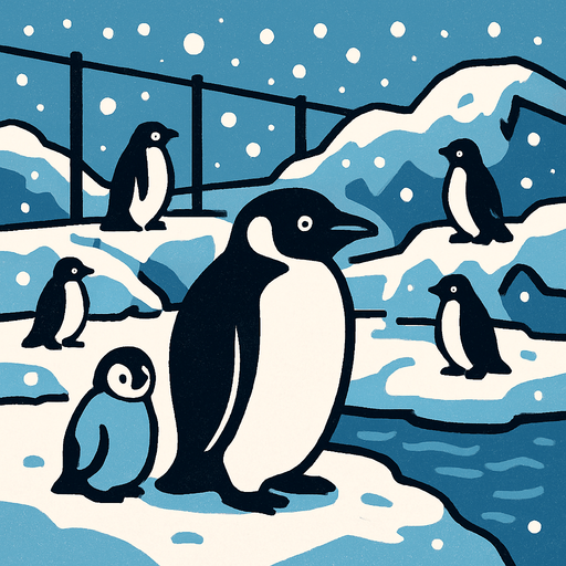 snowy penguins in penguin exhibit.
In-Game asset.  2d.  High contrast.  No shadows