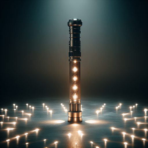 standing Lightsaber handle with led light and brown grip in vertically view.