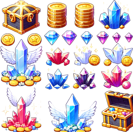 нужны ерасивые монеты, кристаллы, сундуки с кристаллами, всё это должно соответсвовать небесной тематике.
Single Game Texture. In-Game asset. 2d. Blank background. High contrast. No shadows.