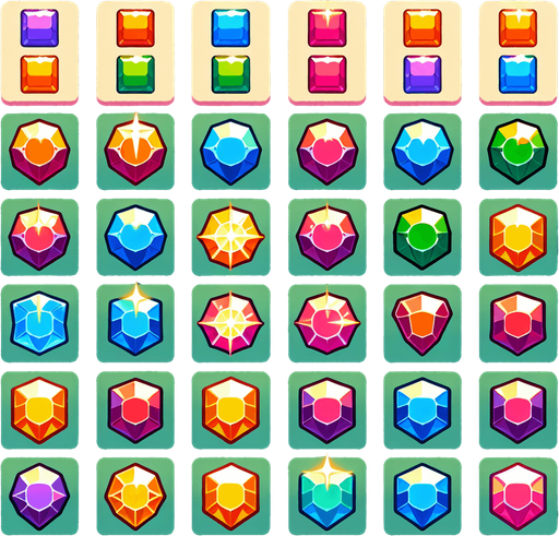 Match 3 gem sprite sheet.
Single Game Texture. In-Game asset. 2d. Blank background. High contrast. No shadows.