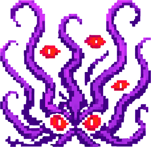 Purple tentacles pixel art and red eyes 2d.
In-Game asset.  2d.  High contrast.  No shadows