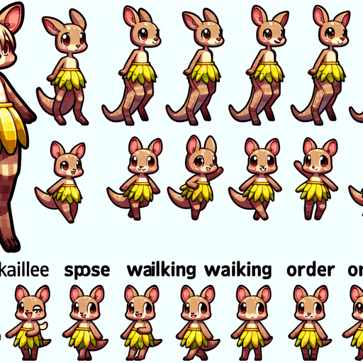A spritesheet with a number of poses of an happy little female kangaroo in a banana skirt, smiling, walking, waiting, standing, ordering, turning, etc. all seen from the side.The spritesheet should be laid out in a rectangular grid with clear space between each individual sprite. Each sprite in the sheet should be around 300x600 pixels in size..
Single Game Texture. In-Game asset. 2d. Blank background. High contrast. No shadows.