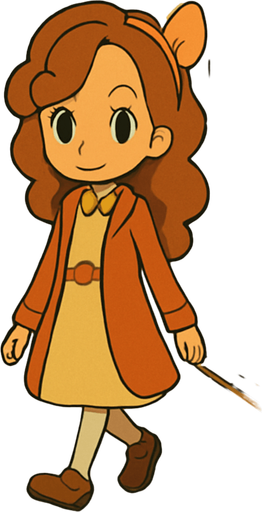 Generate a detailed and vivid description of a scene depicted in the visual style characteristic of Professor Layton games, focusing on a young girl walking down a city street. Capture the unique art style elements such as warm color palettes, cel-shaded animation, distinctive character design with soft lines and expressive eyes, and the semi-realistic yet whimsical environment. Include the atmosphere of the city street, describing architectural features, background elements like lampposts, shop signs, and the bustling yet charming ambiance, as seen in Professor Layton games. Avoid photographic realism; emphasize stylized, hand-drawn, and storybook-like qualities..
In-Game asset.  2d.  High contrast.  No shadows