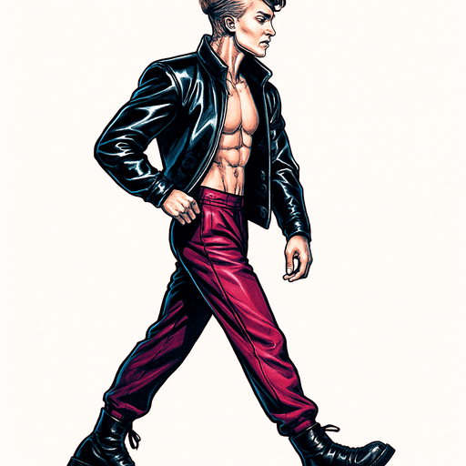 Swishy graceful man Cyberpunk manga, camera-facing arm bent In fro t of body, side profile view walking animation, shiny black leather biker jacket longsleeves shirtless Skinny abs blonde undercut pompadour guy, action shot wine red joggers combat boots, Background removed, "Full-body character, entirely in frame, no cropping of face, head, or feet" "Complete character visible, from head to toe, fully centered in the image" "Entire character, including hair and boots, fully within the frame" Character fully contained within a square frame, no edges cut off fashion model walking pose Style of vogue magazine
