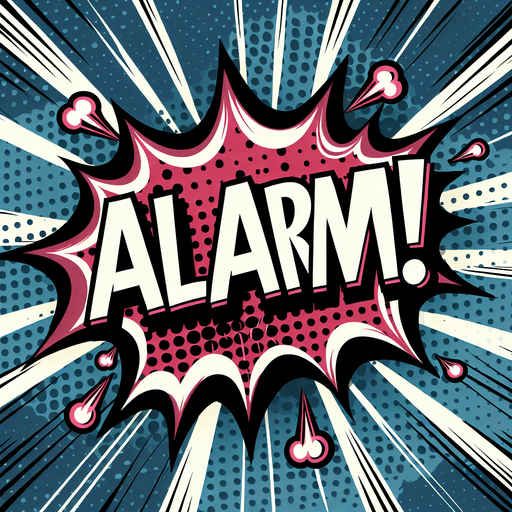 "ALARM" text bubble, comic style.
Single Game Texture. In-Game asset. 2d. Blank background. High contrast. No shadows.