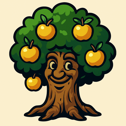 Yüzü olan bir ağaç altın elmalar var.
In-Game asset.  2d.  High contrast.  No shadows