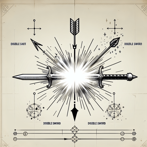A arrow and sword splitting into a double arrow and double sword signifying a extra shot/sword..
Single Game Texture.  In-Game asset.  2d.  Blank background.  High contrast.  No shadows