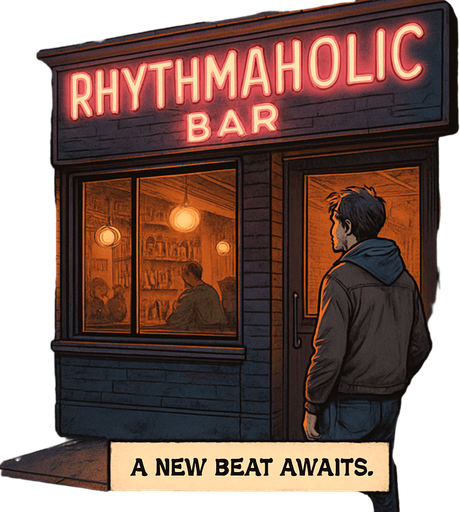 Realistic comic art in 2048x2048. Outside a cozy urban bar glowing with neon sign "Rhythmaholic Bar". Noah stands in front of the door, hesitant but hopeful. Warm interior light spills onto the street. Narrator box at the bottom-center with the text: "A new beat awaits."
