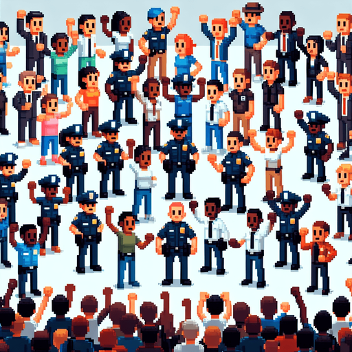 8-bit crowd of police and others cheer.
Single Game Texture. In-Game asset. 2d. Blank background. High contrast. No shadows.