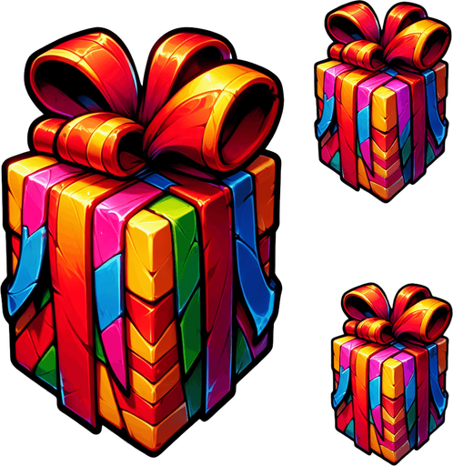 gift wrapped box, vivid colours. with bow on top Single Game Texture. In-Game asset. 2d. Blank background. High contrast. No shadows. Single Game Texture. In-Game asset. 2d. Blank background. High contrast. No shadows.