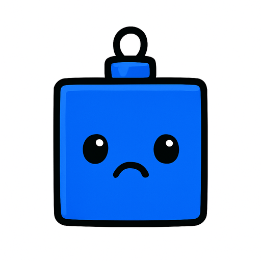 a sad Perfectly square bright cobalt blue Christmas decoration with cute happyy face. Cartoon style. Cute art style. Simple vector style. No Shadows Single Game Texture. In-Game asset. 2d. Blank background. High contrast. No shadows..
In-Game asset.  2d.  High contrast.  No shadows